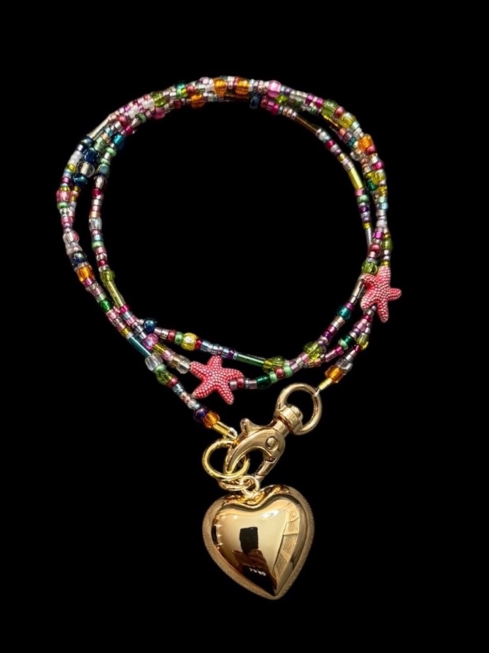 Gold Heart Long Beaded Necklace.